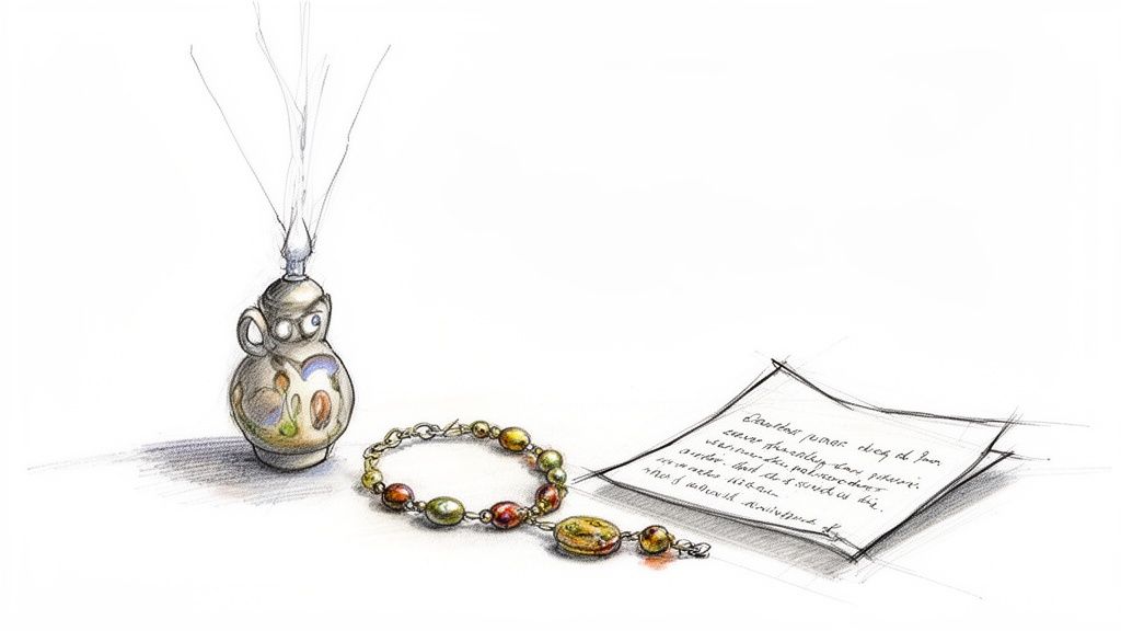 A delicate sketch of a decorative vase, a colorful beaded bracelet, and a handwritten note.