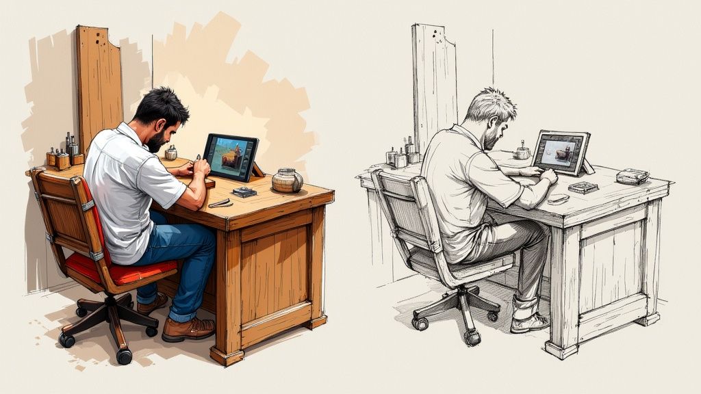 Detailed illustrations show a man focused on drawing with a stylus on a digital tablet at a desk.