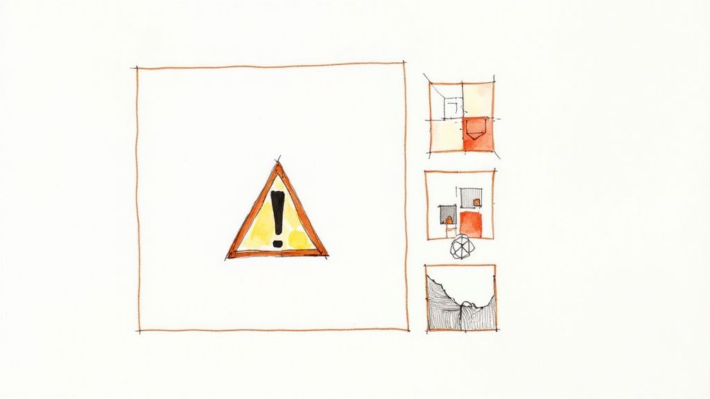Hand-drawn sketches featuring a warning sign, abstract architectural plans, and a landscape on white.