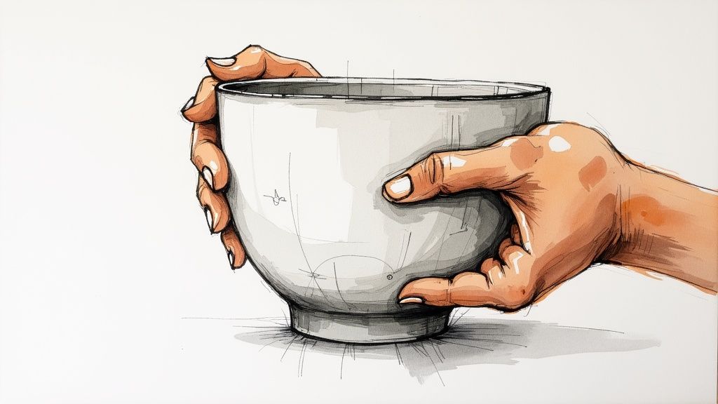 Two hands gently holding a white ceramic bowl with artistic sketch style illustration