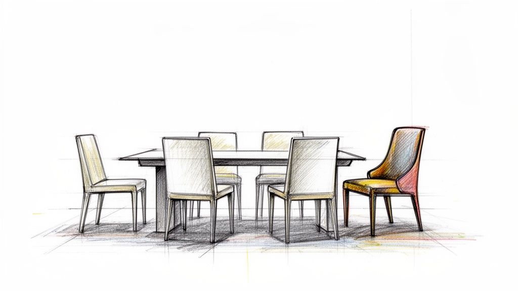Sketch of a modern dining table with five light chairs and one distinctly colored chair.