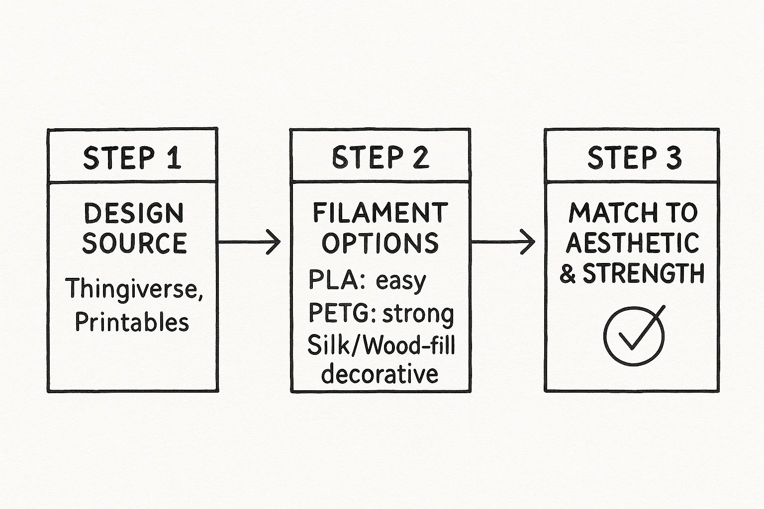 Infographic showing the process flow from design source, to filament options, to matching aesthetic and strength for a 3d print vase.
