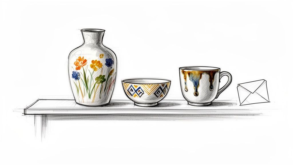Sketch of hand-painted ceramic items: a floral vase, patterned bowl, and glazed mug on a shelf.