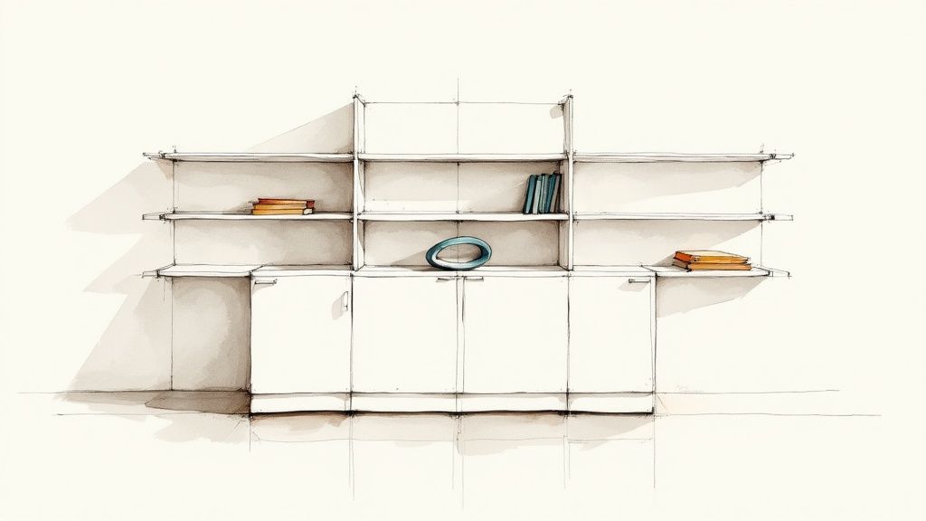 A watercolor sketch of a modern white bookcase with shelves, cabinets, books, and a blue sculpture.
