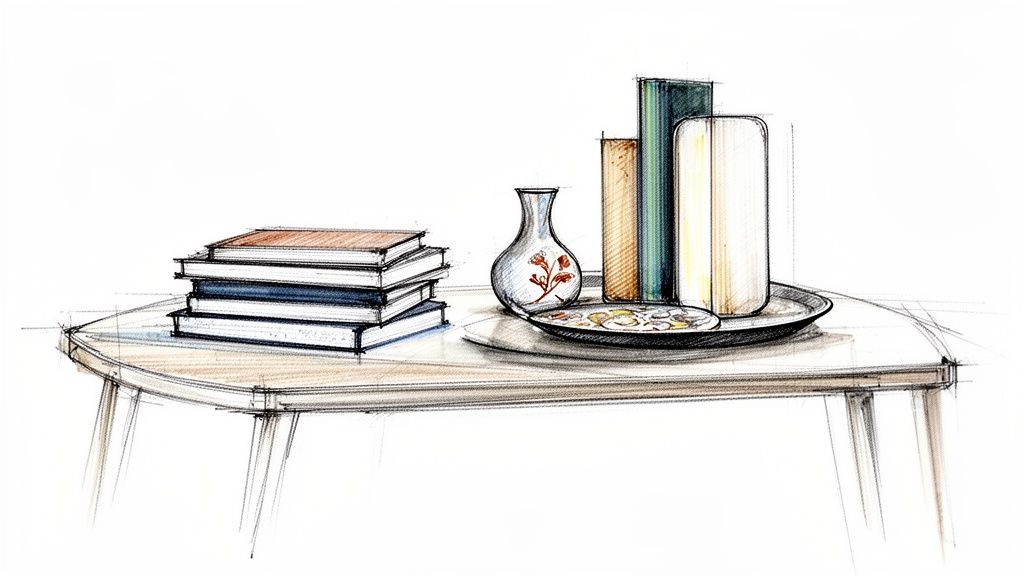 A colorful sketch of a coffee table featuring stacked books, a vase, and decorative items on a tray.