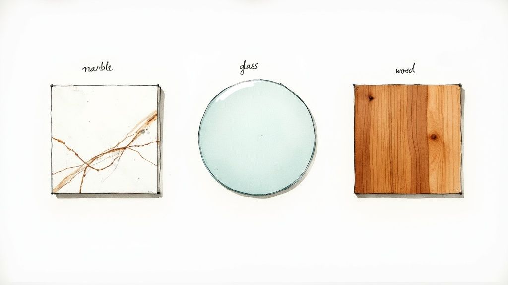 Hand-drawn illustration of three material samples: white marble, light blue glass, and natural wood.