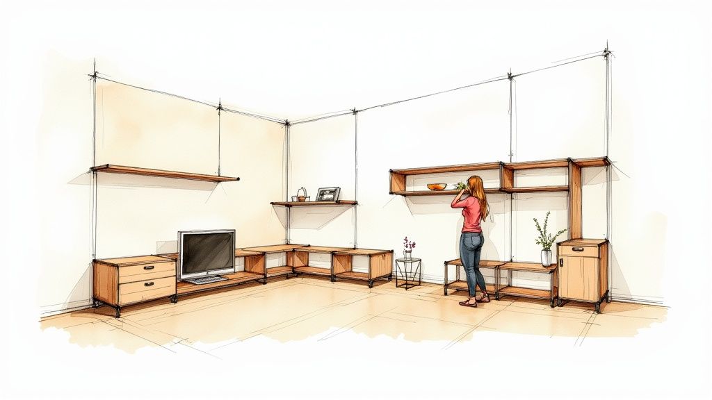A detailed sketch of a modular wooden wall unit in a room, with a woman arranging items.