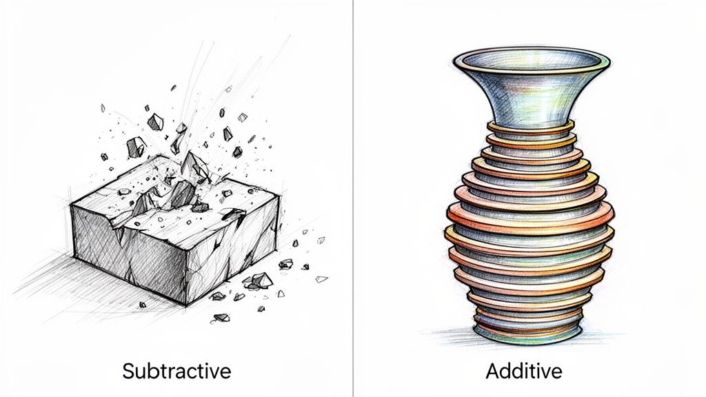 Illustration contrasting subtractive manufacturing as a broken block and additive manufacturing as a stacked vase.