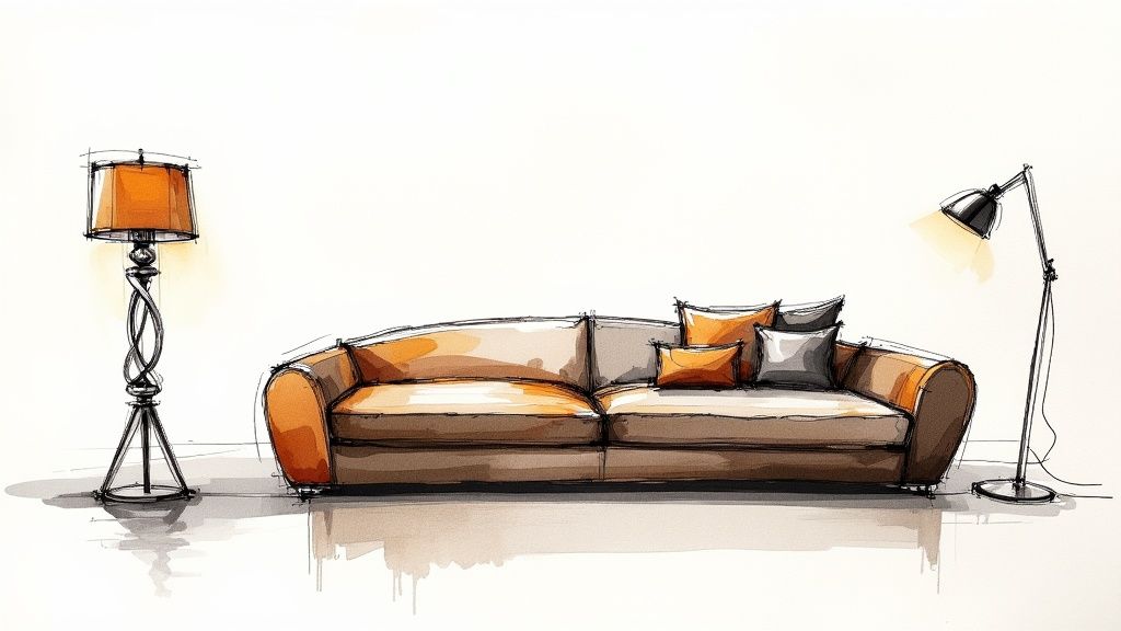 Modern living room featuring a sculptural Italian lamp as a statement piece.