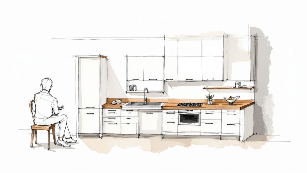 A hand-drawn sketch of a contemporary Italian kitchen with white cabinets and a seated person.