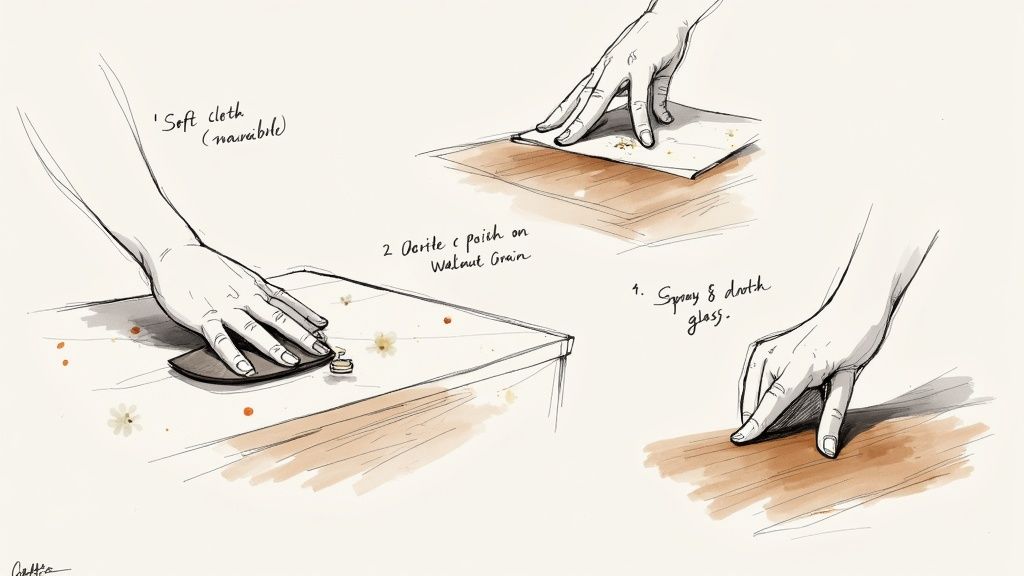 Sketches of hands cleaning various surfaces, illustrating different methods using cloth, polish, and spray.