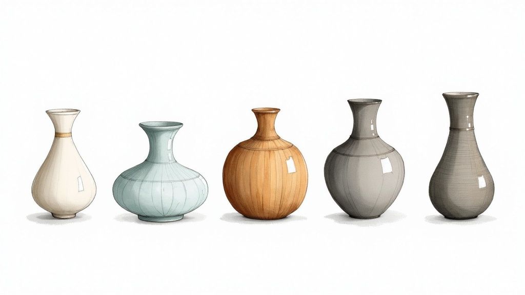A row of five unique hand-drawn watercolor vases in various shapes, colors, and textures.