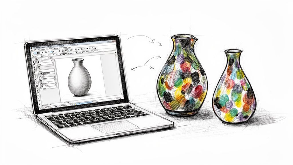 Digital design of a vase on a laptop transforming into two colorful, handcrafted vases, illustrating a design process.