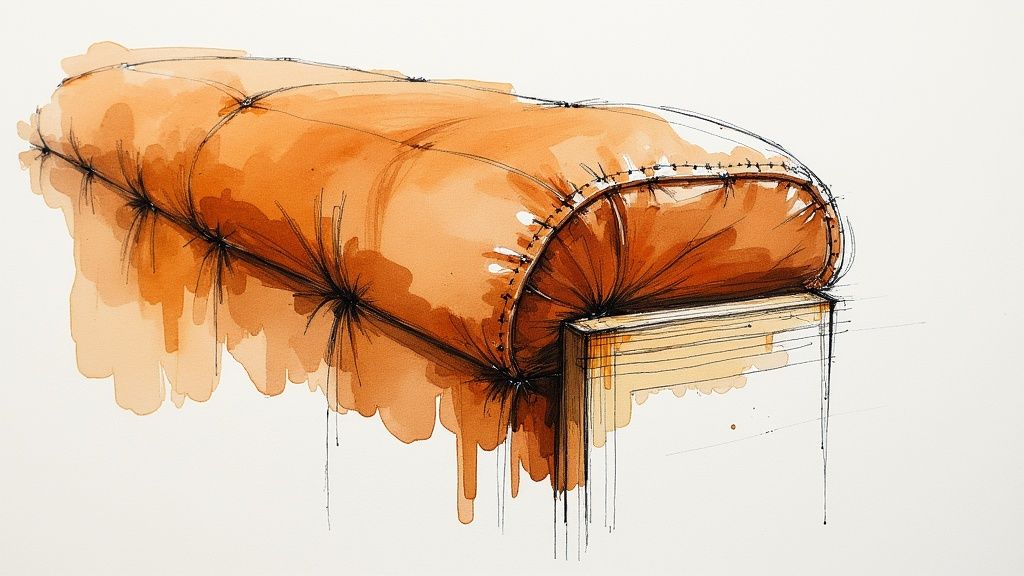 Watercolor sketch of an orange tufted ottoman or cushioned furniture piece with button detailing