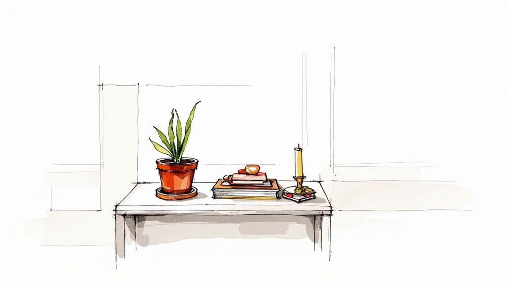 Watercolor sketch of a minimalist table arrangement with a potted plant, books, an apple, and a candle.