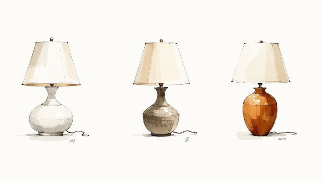 A sculptural table lamp with a curved ceramic base and a simple fabric shade.