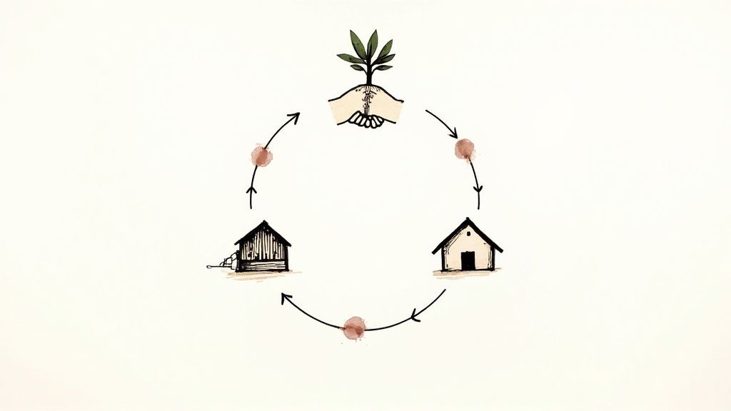 A diagram illustrating a circular process with hands nurturing a plant, a house, and a barn.