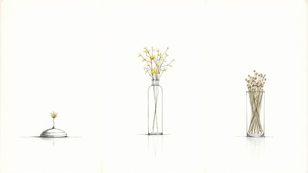 Three minimalist drawings depict a plant on a silver lid, yellow branches in a tall vase, and colorful stems in a glass.