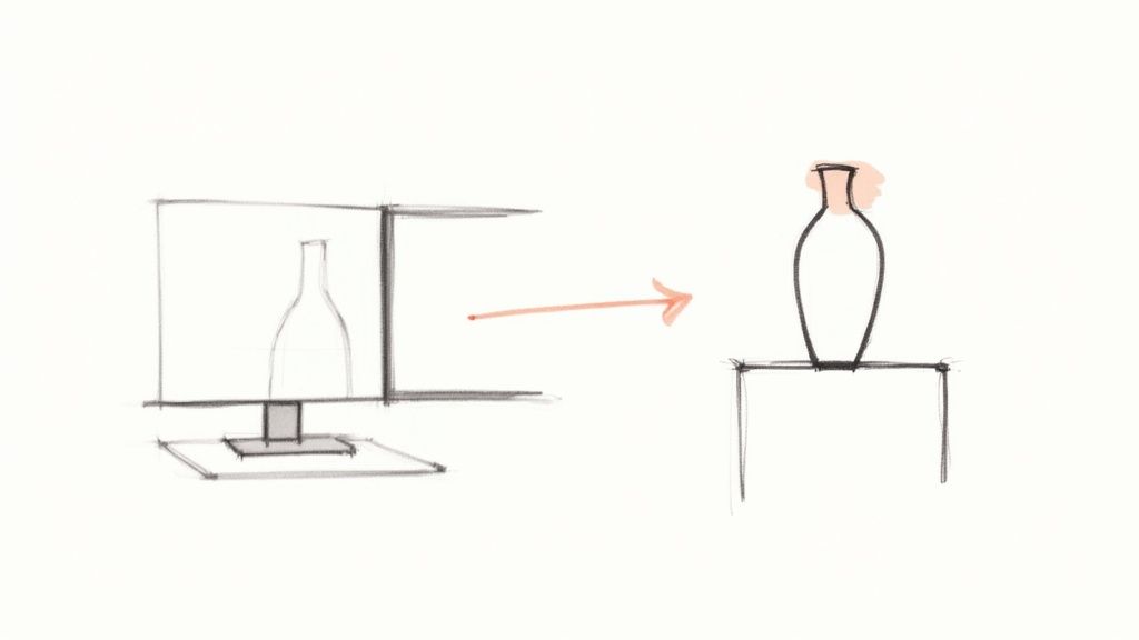 Una collezione di vasi minimalisti, bianchi, stampati in 3D e con texture intricate, disposti su una moderna superficie in legno.