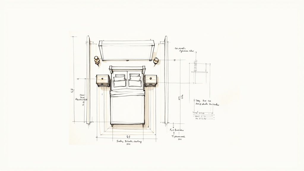Hand-drawn architectural sketch of bedroom layout with bed, nightstands, and detailed measurements