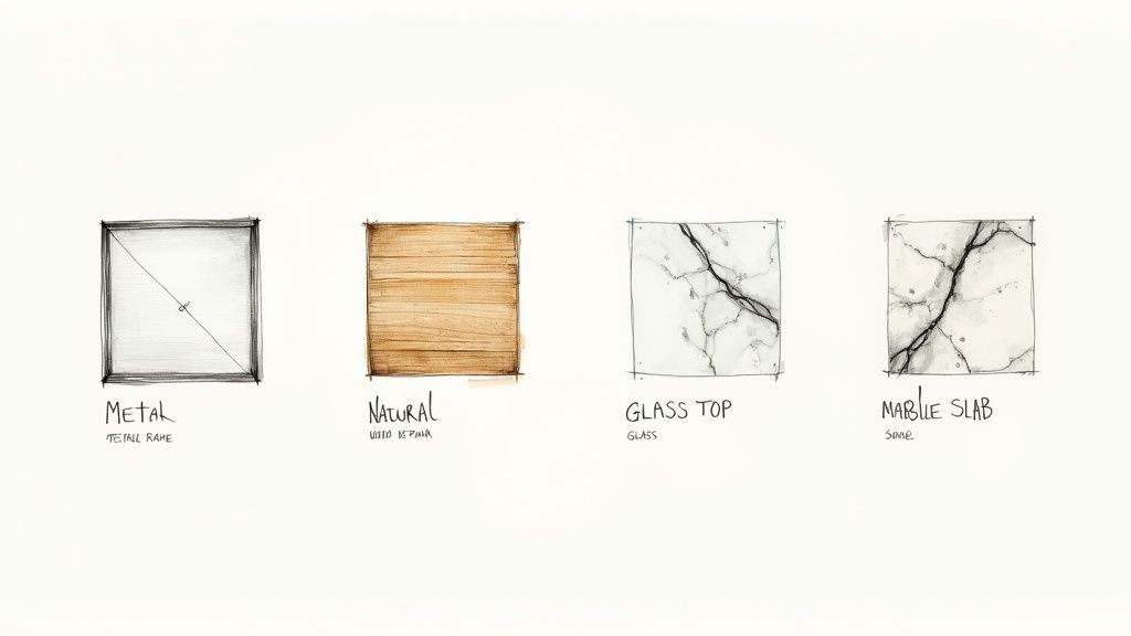 Four hand-drawn material swatches illustrating design concepts: metal, natural wood, glass top, and marble slab.