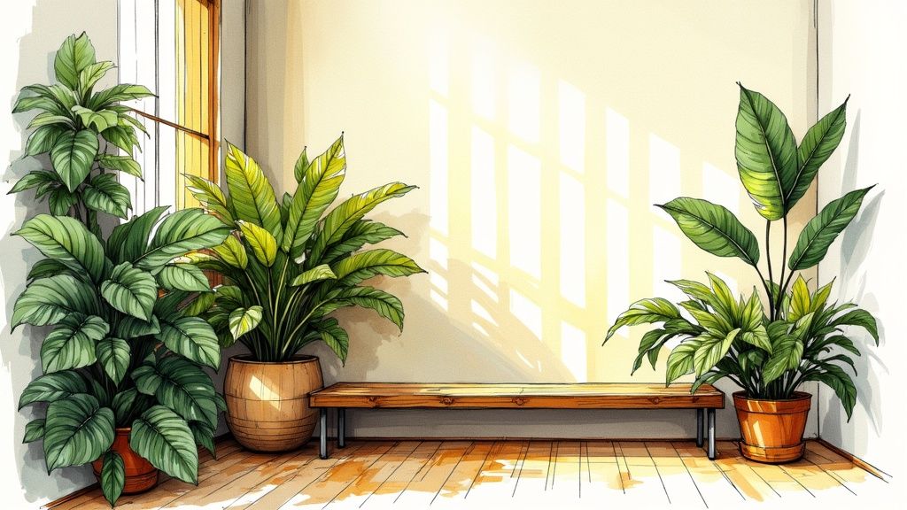 A serene interior with large windows, numerous houseplants, and natural wood textures, exemplifying biophilic design.