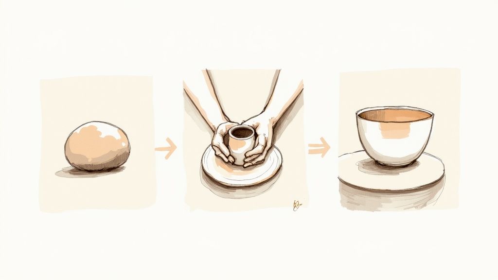 A potter's hands carefully painting a delicate floral design onto a ceramic vase.