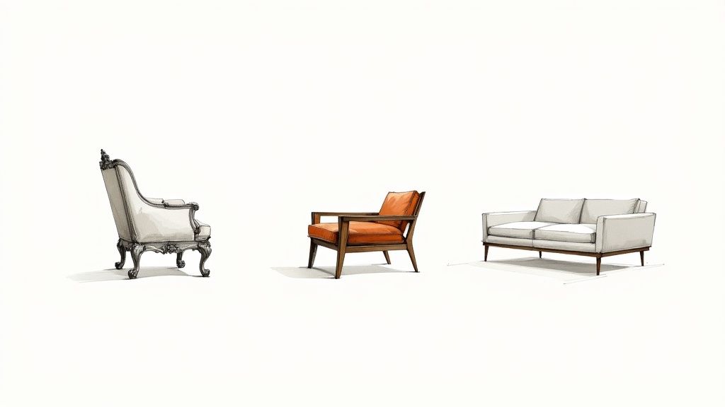 A sophisticated living room showcasing classic Italian furniture with ornate details and luxurious fabrics.