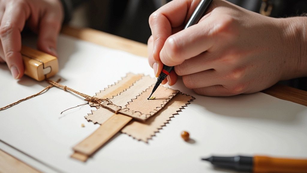 An artisan's hands carefully finishing a piece of wooden furniture, highlighting the detail and precision of Italian craftsmanship.