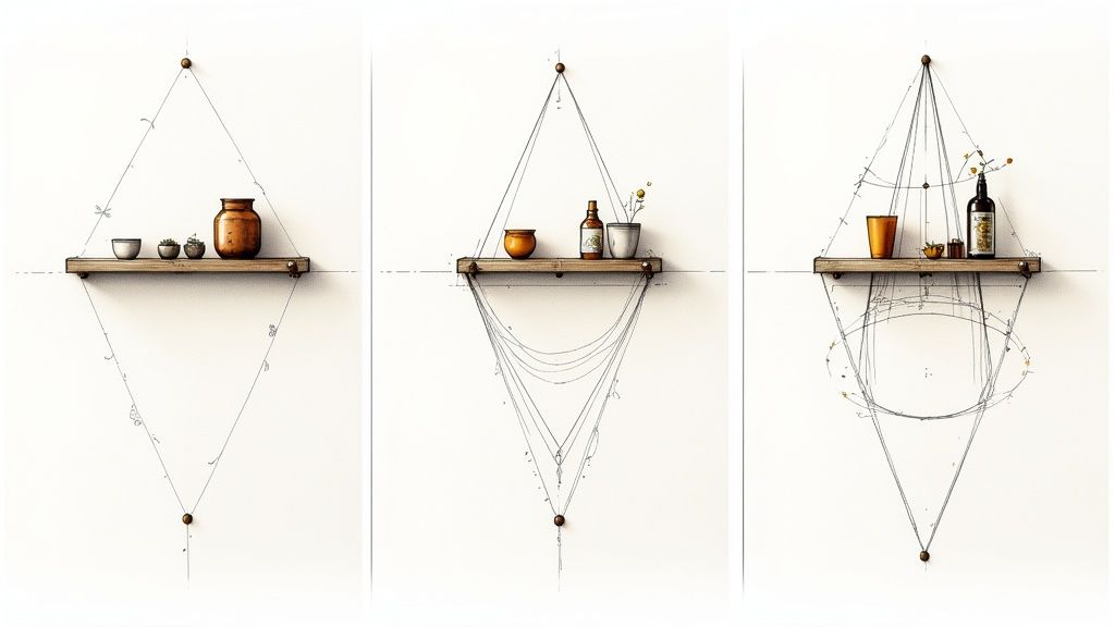 Three minimalist, sketch-style suspended shelves displaying various decorative objects with evolving string designs.