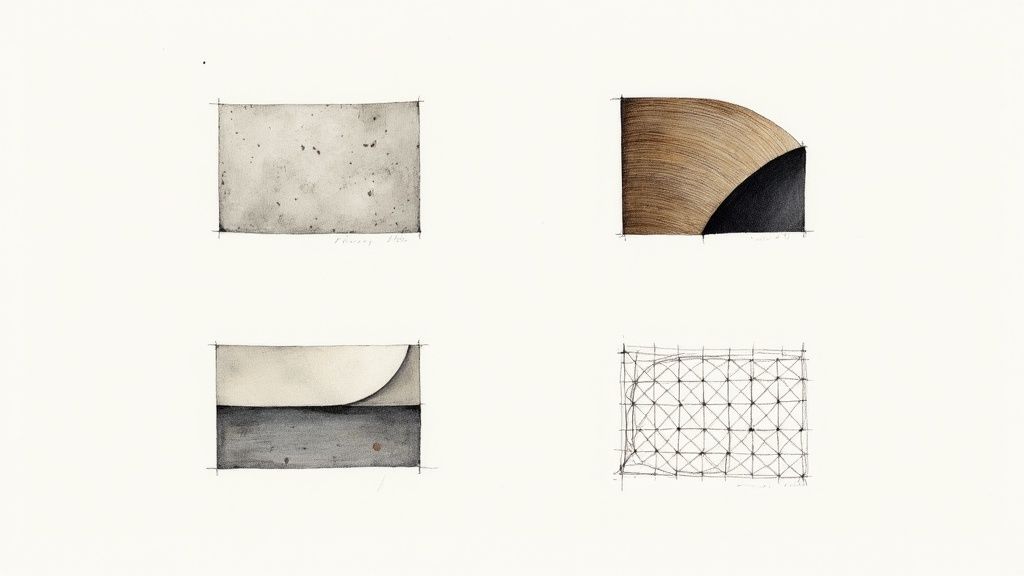 A collection of contemporary decorative objects in natural materials like stone and wood.