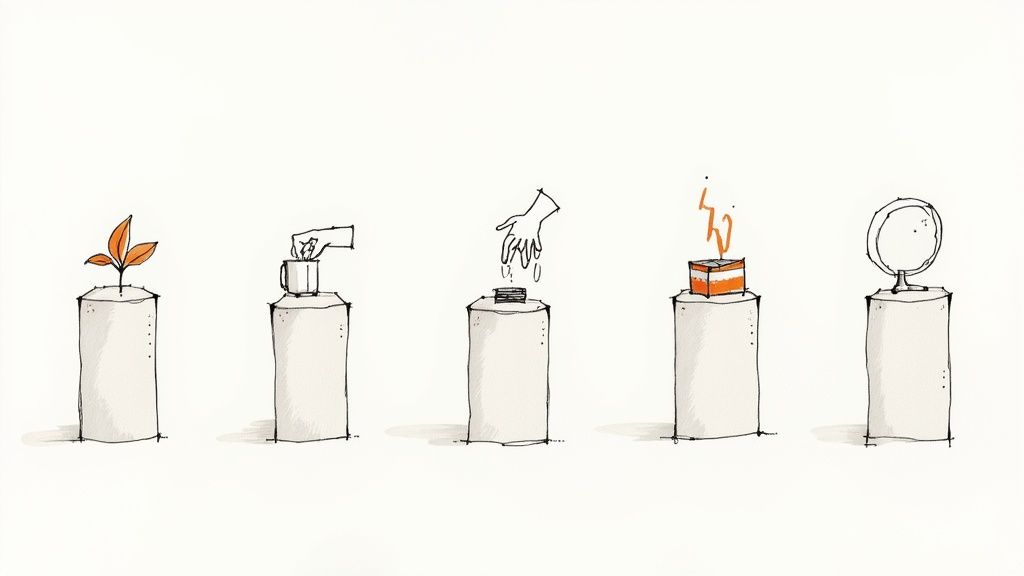 Illustrative depiction of a supply chain: plant, hand with cup, hand dropping items, product box, and a globe.