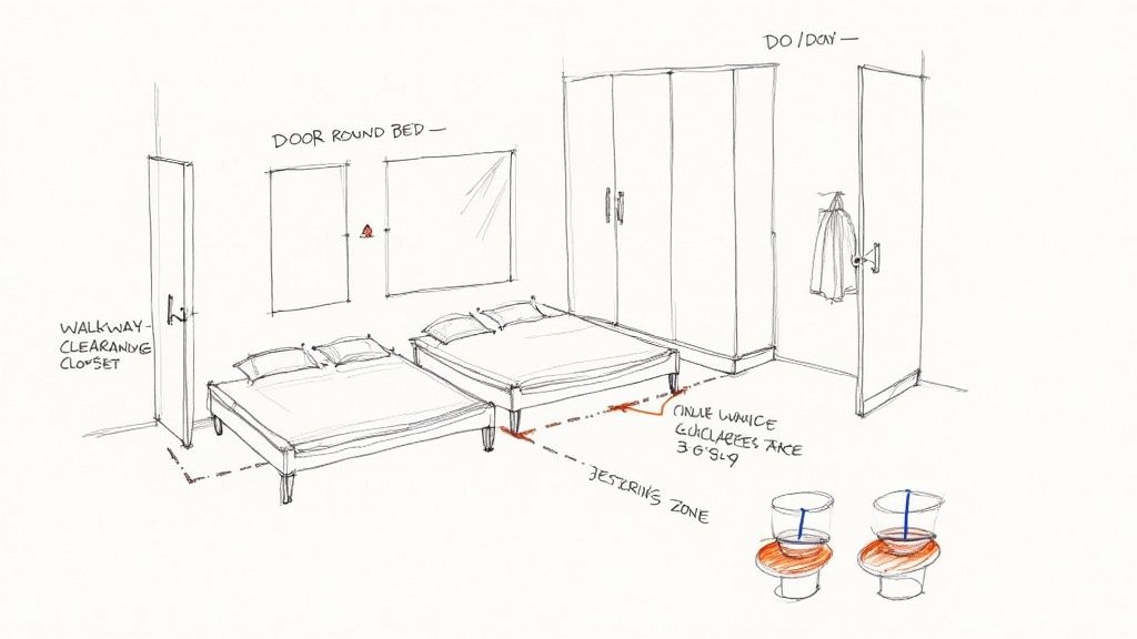 A well-designed bedroom showing a bed placed between two tall windows, demonstrating how to work with architectural features.