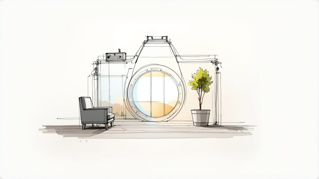A minimalist sketch of a modern room inside a camera outline with an armchair and a plant.