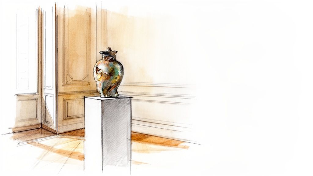 Watercolor sketch of an ornate vase on a pedestal in a sunlit, paneled room corner.