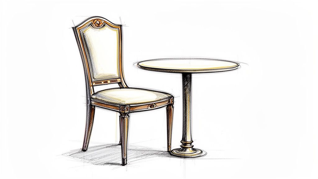 A detailed sketch of an elegant, classic dining chair and a small round table.