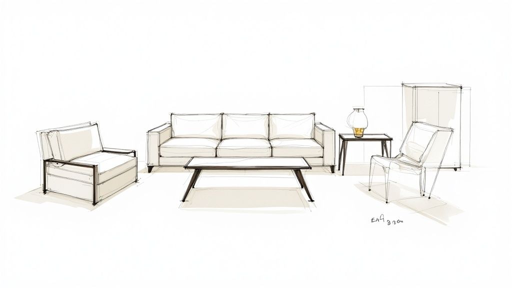 A minimalist sketch illustrating modern living room furniture, including a sofa, armchairs, and coffee table.