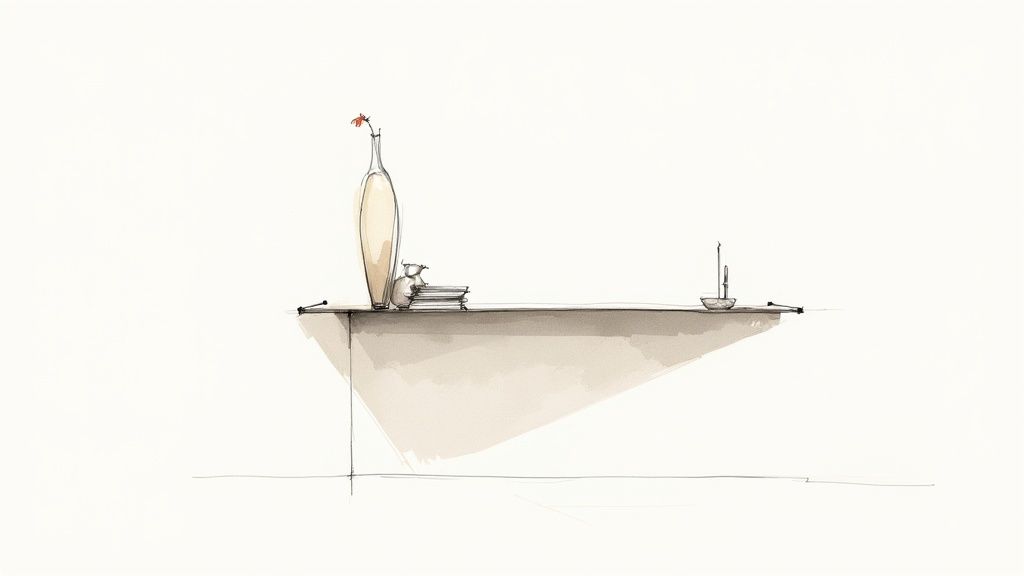 A modern, minimalist shelf unit styled with decorative vases and books in a contemporary living room.