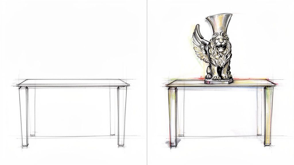 Detailed sketch of a table, empty on the left, displaying a magnificent winged lion statue on the right.