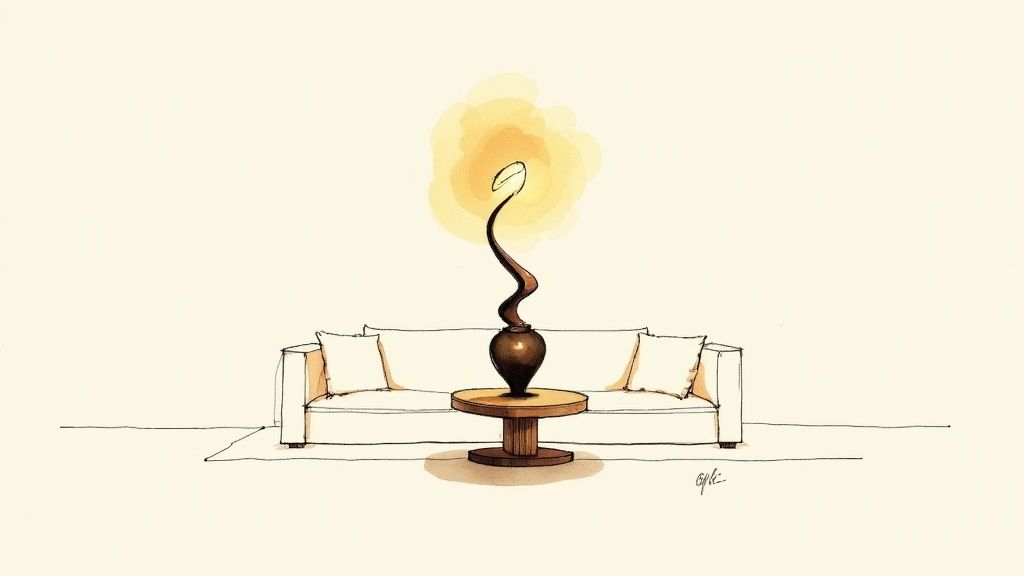 A minimalist white sculptural table lamp on a wooden side table, casting a warm glow.