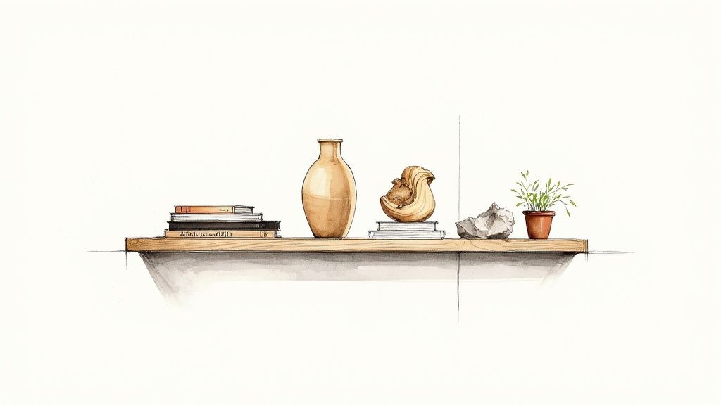 A minimalist drawing of a wooden shelf adorned with books, a vase, sculpture, rock, and plant.