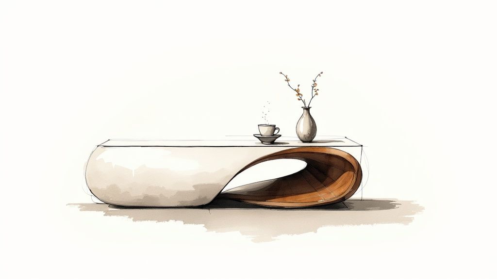 Modern coffee table sketch with a white top, curved wooden base, a teacup, and vase.