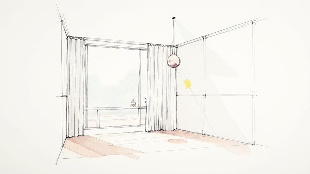 A bright, airy Italian living room with large windows, sheer curtains, and a sculptural pendant light.