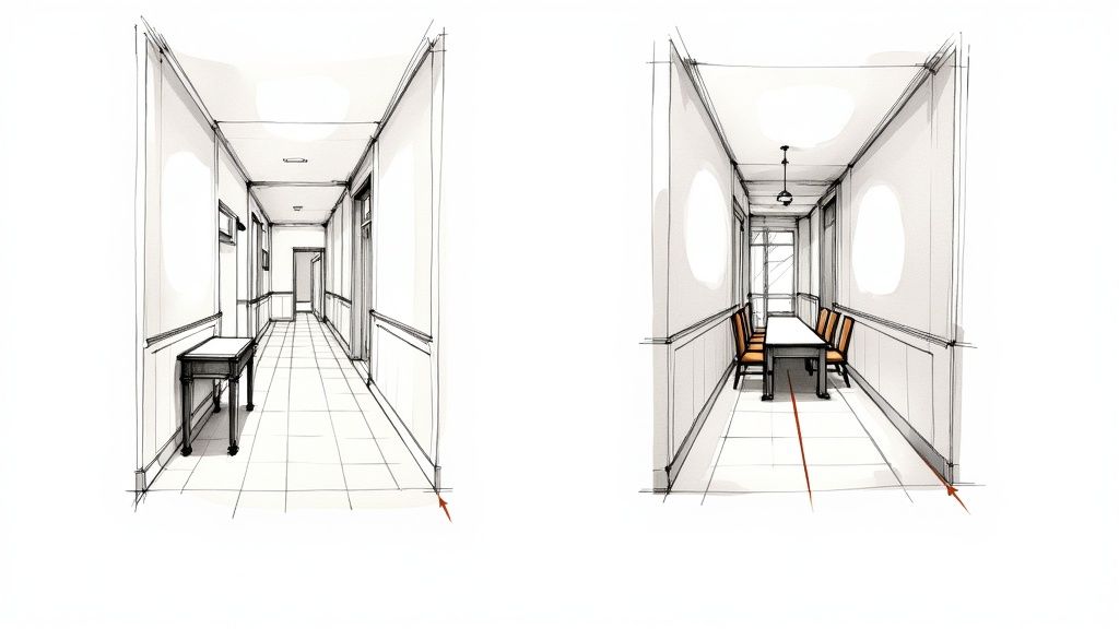 Architectural sketches: a long hallway with a console table and a dining room with a table and chairs.