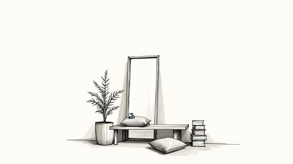 A large leaning mirror styled with a small bench and a plant in a chic interior.