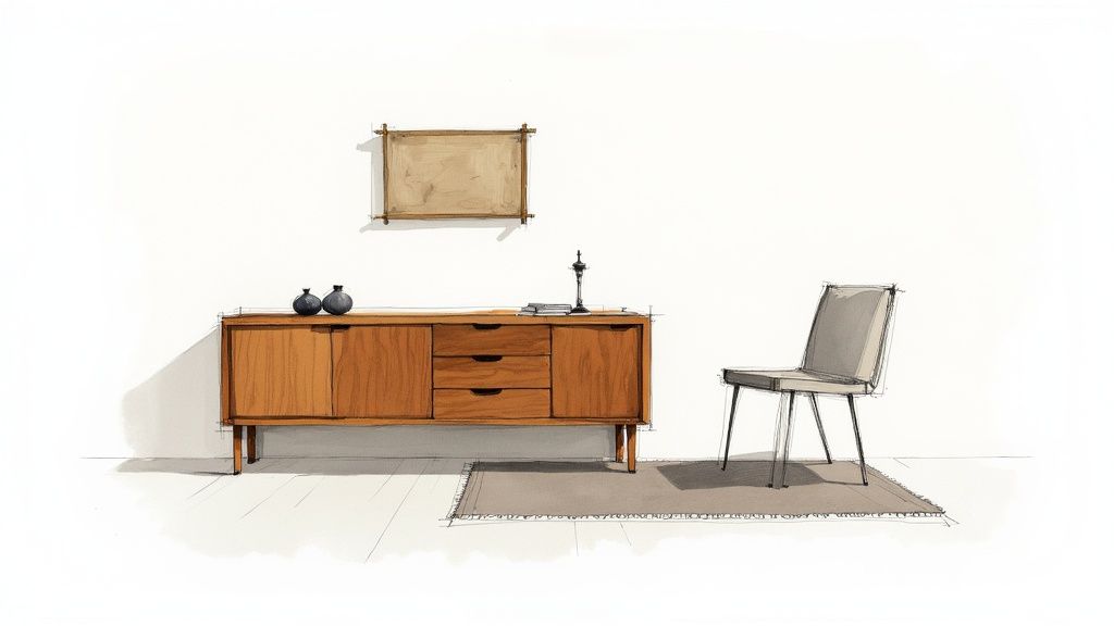 A stylish living room featuring a solid acacia wood coffee table as the centerpiece.