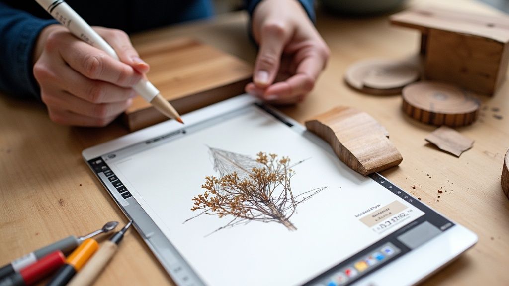 Person's hands using a stylus on a tablet showing a botanical illustration, amidst woodworking tools.