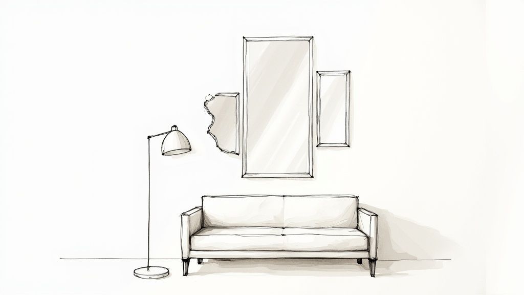 A striking gallery wall featuring a mix of bevelled mirrors and framed artwork.