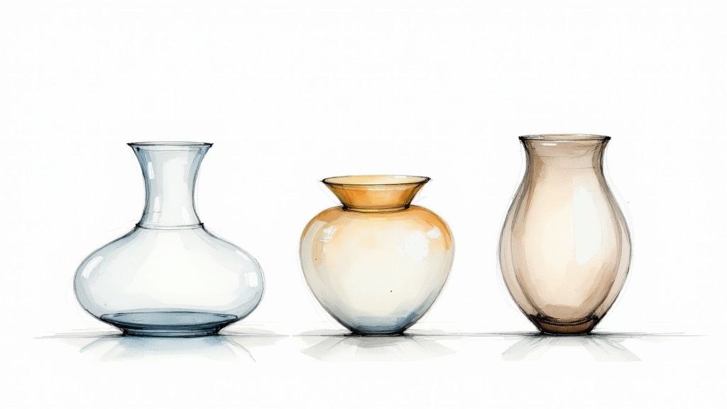 Three elegant watercolor illustrations of distinct glass vases on a clean white background.