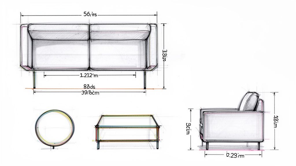 A detailed design sketch of a modern two-seater sofa with dimensions in various units.